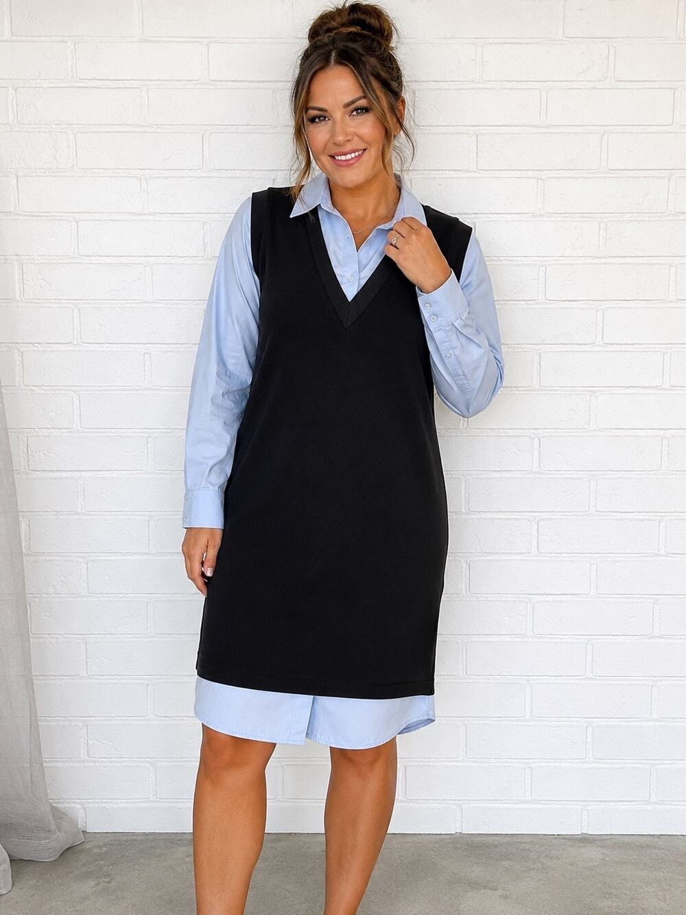 Zara Black V-Neck Midi Layered Dress with Light Blue Shirt Detail